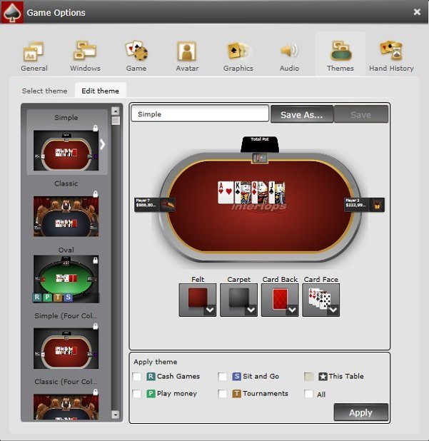 Intertops Poker Options Window