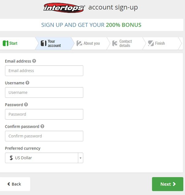Registration Form at Intertops